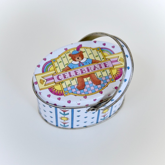 Vintage Keller Charles Mini Celebrate Bear Floral Lidded Tin Box w/ Handle - Picture 1 of 4